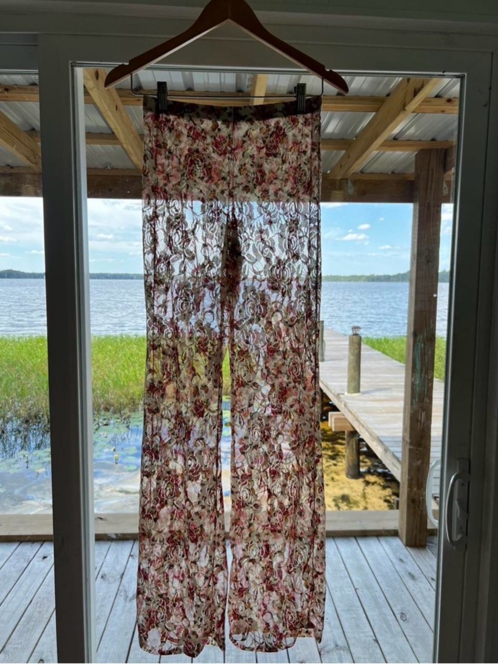 Sheer Floral Wide-Leg Beach Pants - Pink & Cream
